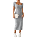 Knitted Grey Dress with Short Sleeves Square Neckline Elegant Cut Side Split Comfortable Material For Spring Summer For Work and City 1