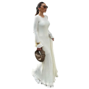 Knitted White Dress with Long Sleeves Long Ribbed Dress with Lacing at the Back Elegant Ruffled Hems Maxi Dress with Neckline 1