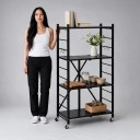 Kokoontaitettava metallihylly 4 hylly 33 x 61 x 114 cm Kääntyvät pyörät jarrulla Hiili teräs Q235A Musta Autotalliin ja keittiöön 2