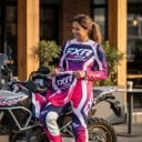 Komplet motokrosowy dres i spodnie Dres z długim rękawem i spodnie z klamrą Poliester i nylon Różowy z białymi i niebieskimi elementami Na motokros 7