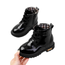 Kotníkové dětské boty ze syntetického lakovaného materiálu Šněrování a boční zip Kostkovaná podšívka Pryžová podešev Unisex na podzim i do školky 9