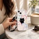 Kryt na Samsung Galaxy S24 S motivem černých koček Řetízek na zápěstí Silikon a akryl Pouzdro na mobil s kočičkami 24
