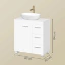 Kylpyhuonekaappi altaan alle 30 x 60 x 64 cm jaloilla, ovilla ja kolmella laatikolla hopeisilla kahvoilla kiiltävän valkoisena 8
