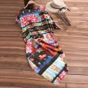 Ladies' Asymmetrical Blouse with Multicoloured Floral Print Loose Draped Cut with Varying Sleeve Lengths and Side Tie Polyester 4