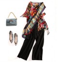 Ladies' Asymmetrical Blouse with Multicoloured Floral Print Loose Draped Cut with Varying Sleeve Lengths and Side Tie Polyester 6