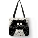 Ladies' Bag with Black and White Print of Cartoon Cats Linen Polyester Square Shape 40 x 40 cm Black Handles Large Eyes and Long Whiskers 4