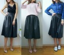 Ladies' Below-Knee Skirt Made of Faux Leather and Polyester Flared Flowing Cut with Pleats at the Waist Wide Waistband Black Colour Glossy Surface 4