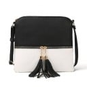 Ladies' black and white crossbody bag with tassels Front zip pocket Striped lining with internal pockets PU leather and polyester 25 x 23 x 2 cm 1