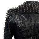 Ladies' Black Biker Jacket Made of Artificial Leather with Crocodile Embossing Metal Spikes on the Shoulders and Sleeves Asymmetrical Zip Belt 12