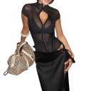 Ladies' Black Blouse Semi-Transparent Short Sleeve Decorative 3D Flowers Elegant Evening Blouse with Stretch Fabric 1