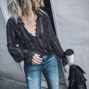 Ladies' Black Blouse with Deep V-Neck and Small White Pattern Long Balloon Sleeves with Frills Lightly Sheer Cotton for Parties 2
