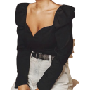 Ladies' Black Blouse with Ruching V-Neck Long Sleeve Elegant Plain Blouse Made of Polyester and Elastane 5