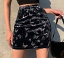 Ladies' Black Butterfly Print Mini Skirt Fitted Skirt Above the Knee with Slit and Glossy Surface Polyester Cotton and Spandex 2