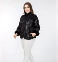 Ladies' Black Jacket with Glossy Crocodile Skin Pattern Fluffy Collar and Cuffs Rounded Front Lapels Side Pockets Material Polyester and Cotton 4