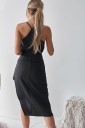 Ladies' Black Knee-Length Dress with Asymmetrical Pleated Skirt and Lace Deep V-Neck Thin Straps Polyester with Spandex 5