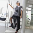 Ladies' Black Maxi Skirt Made of Ribbons with a Transparent Mesh Layer Wide Elastic Waistband Ribbons with White Stripes Polyester and Cotton 3