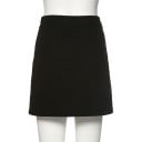 Ladies' Black Mini Skirt with Front Slit Straight Fitted Cut Zip Fastening Visible Stitching Smooth Fabric Polyester 3