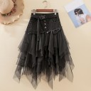 Ladies' Black Skirt with Denim Yoke and Layered Tulle Asymmetrical Points Belt with Buckle Buttons and Frayed Hem Denim and Polyester 1