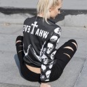 Ladies' Black Spring Bomber Jacket with Skull Print on the Sleeves Zip Fastening Skeleton Hands on the Chest and Inscription on the Back Polyester 3