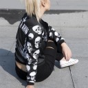 Ladies' Black Spring Bomber Jacket with Skull Print on the Sleeves Zip Fastening Skeleton Hands on the Chest and Inscription on the Back Polyester 4