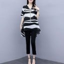 Ladies' Blouse and Trousers Set Loose Blouse with V-neck and Asymmetrical Hem Black and White Wavy Pattern Cropped Black Trousers with Stripe 1