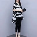 Ladies' Blouse and Trousers Set Loose Blouse with V-neck and Asymmetrical Hem Black and White Wavy Pattern Cropped Black Trousers with Stripe 3
