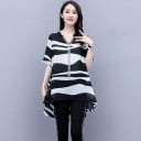 Ladies' Blouse and Trousers Set Loose Blouse with V-neck and Asymmetrical Hem Black and White Wavy Pattern Cropped Black Trousers with Stripe 4