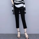 Ladies' Blouse and Trousers Set Loose Blouse with V-neck and Asymmetrical Hem Black and White Wavy Pattern Cropped Black Trousers with Stripe 5