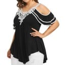 Ladies' Blouse for Curvy Women with Cut-Out Shoulders V-Neck with White Lace Short Frill Sleeves Asymmetrical Hem Polyester 5
