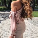 Ladies' Blouse with Bare Shoulder and Large Bow Asymmetrical Neckline Diagonal Stripes Long Sleeves with Cuff Material Polyester 5