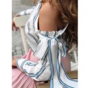 Ladies' Blouse with Bare Shoulder and Large Bow Asymmetrical Neckline Diagonal Stripes Long Sleeves with Cuff Material Polyester 6