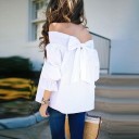 Ladies' Blouse with Bare Shoulders Large Bow on the Back Gathered Hem around the Shoulders Short Gathered Sleeves with Frills Loose Fit 6