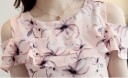 Ladies' Blouse with Exposed Shoulders and Short Sleeves Frills Across the Chest and Sleeves Summer Floral Print Polyester with Acetate 6