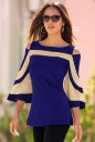 Ladies' Blouse with Flared Three-Quarter Sleeves Exposed Shoulders Contrasting Coloured Stripes Round Neckline Longer Cut Polyester 3