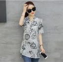 Ladies' Blouse with Floral Print and Short Sleeves Extended Cut V-Neck Rounded Hem Blend of Polyester, Acrylic, and Spandex 9