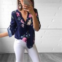 Ladies' Blouse with Floral Print and V-Neck Long Sleeves with Roll-Up Option Rounded Hem Polyester Suitable for High-Waisted Trousers 8