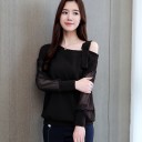 Ladies' blouse with one exposed shoulder and strap Loose sheer sleeves Narrow buttoned cuffs Cotton and polyester blend 6