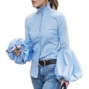 Ladies' Blue Blouse with Long Puffed Sleeves High Stand-up Collar with Gathered Hem Three Buttons at the Neck Straight Cut Cotton and Polyester 1