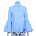 Ladies' Blue Blouse with Long Puffed Sleeves High Stand-up Collar with Gathered Hem Three Buttons at the Neck Straight Cut Cotton and Polyester 3