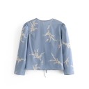 Ladies' Blue Blouse with Ties and Deep V-neck Long Sleeves Gathered at the Shoulders Shorter Cut and Light Floral Print 3