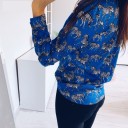 Ladies' Blue Shirt with Zebra Print and Long Sleeves Classic Collar Button Fastening Rounded Hem Longer Back Polyester 3