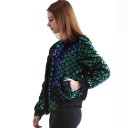Ladies' bomber jacket with teal sequins Diamond pattern on a black background Black ribbed collar and trims Zip and pockets Cotton 2