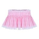 Ladies' Checked Mini Skirt with Lace Small Checked Pattern Gathered Waist Frill Cut Lace Trim at the Lower Edge Polyester 3