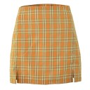 Ladies' Checked Mini Skirt with Slits High Waist Fitted Straight Cut with Two Short Slits on the Front Hem Polyester with Cotton 3