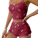 Ladies' Cherry Print Pyjama Set with Round Neck Top and Shorts Made of Polyester and Spandex Comfortable Summer Outfit in Various Colours 4