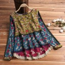 Ladies' Cotton Blouse with Floral Print and Lace Trim Composed of Stripes of Various Patterns Long Sleeves Round Neck Loose Fit 6