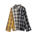 Ladies' Cotton Long Sleeve Patchwork Shirt in Yellow and Black and White Check Loose Oversized Fit Breast Pocket Modern Style 2