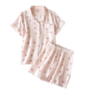 Ladies' Cotton Pyjama Set with Short Sleeves and Collar Solid Colour Set with Peach Motif Button-Up Shirt and Shorts with Pocket 3