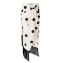 Ladies' Cream Maxi Skirt with Black Polka Dots and Fringes Asymmetrical Wrap Design with Ruching at the Waist High Slit Polyester with Spandex 1