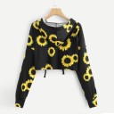 Ladies' Crop Hoodie with Hood and All-Over Sunflower Print Drawstring Long Sleeves with Cuff Polyester Black with Yellow Flowers 3
